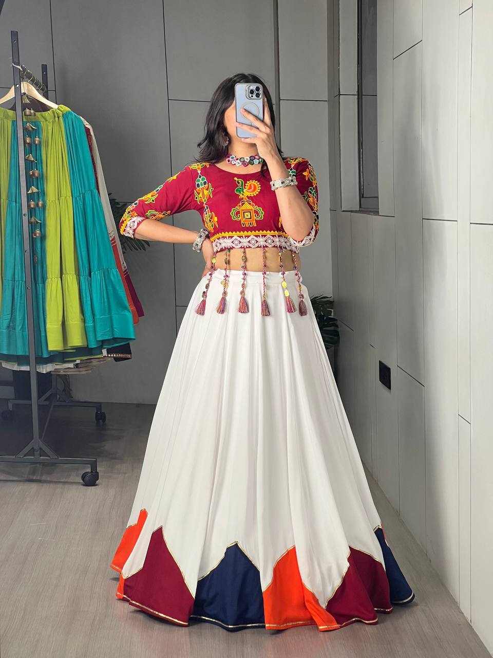 White Navratri Lehenga Choli with Traditional Kutchi Embroidery Blouse