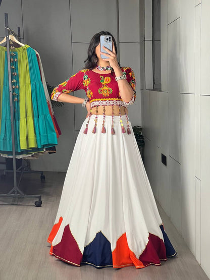 White Navratri Lehenga Choli with Traditional Kutchi Embroidery Blouse