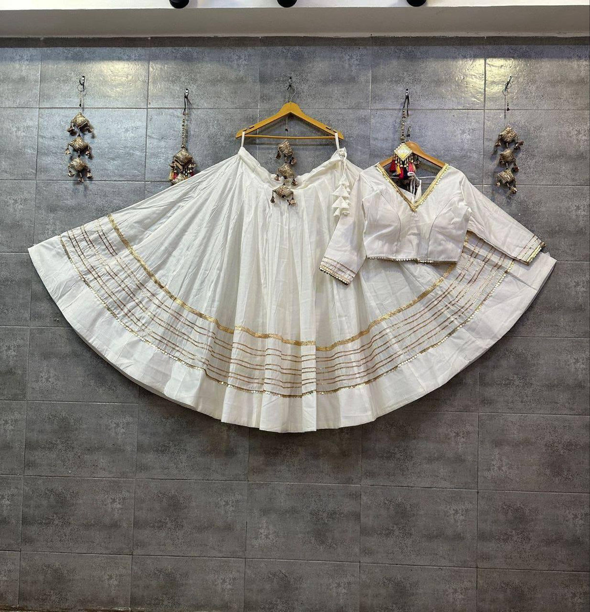 White Rayon Cotton Navratri Lehenga Choli with Heavy Gota Patti Work
