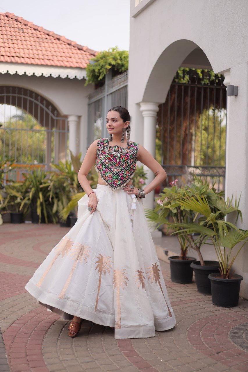 Parrot Green Roman Lehenga with Kutchi Gamthi Embroidered Blouse