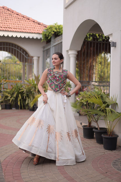 Parrot Green Roman Lehenga with Kutchi Gamthi Embroidered Blouse