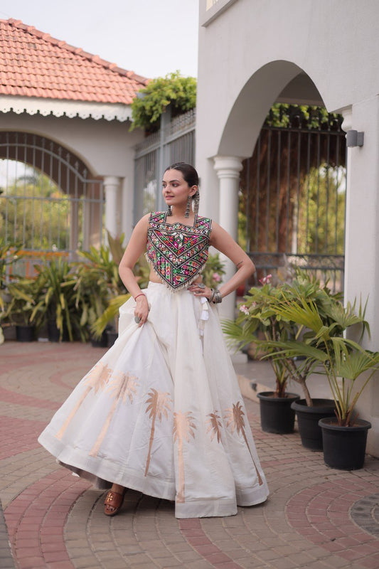 Designer White Roman Lehenga with Kutchi Gamthi Embroidered Blouse