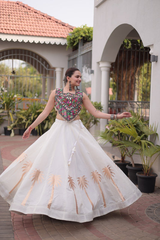 Designer White Roman Lehenga with Kutchi Gamthi Embroidered Blouse