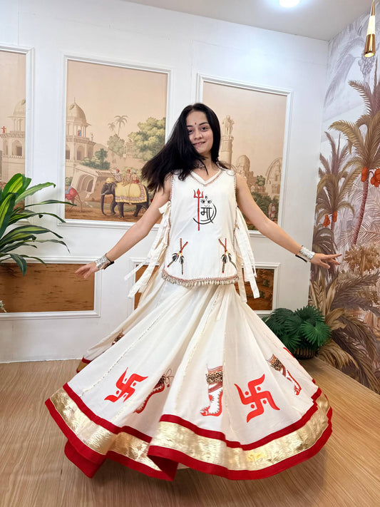 White Cotton Lehenga Choli Set with Koti Print and Kodi Work & Red Gold Border
