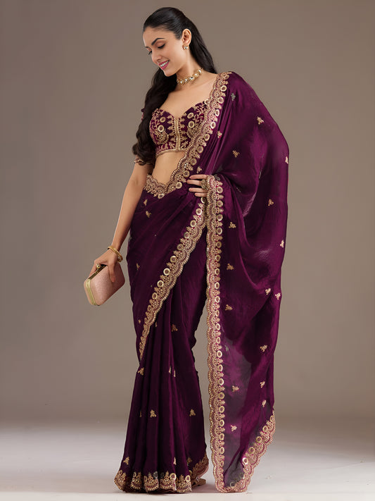 Wine Tissue Saree with Heavy Gold Embroidery Border & Designer Blouse