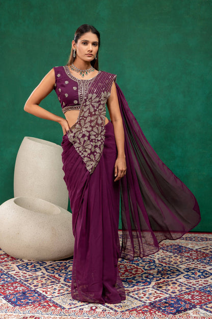 Wine Embroidered Pre-Draped Saree with Zari Work Jacket