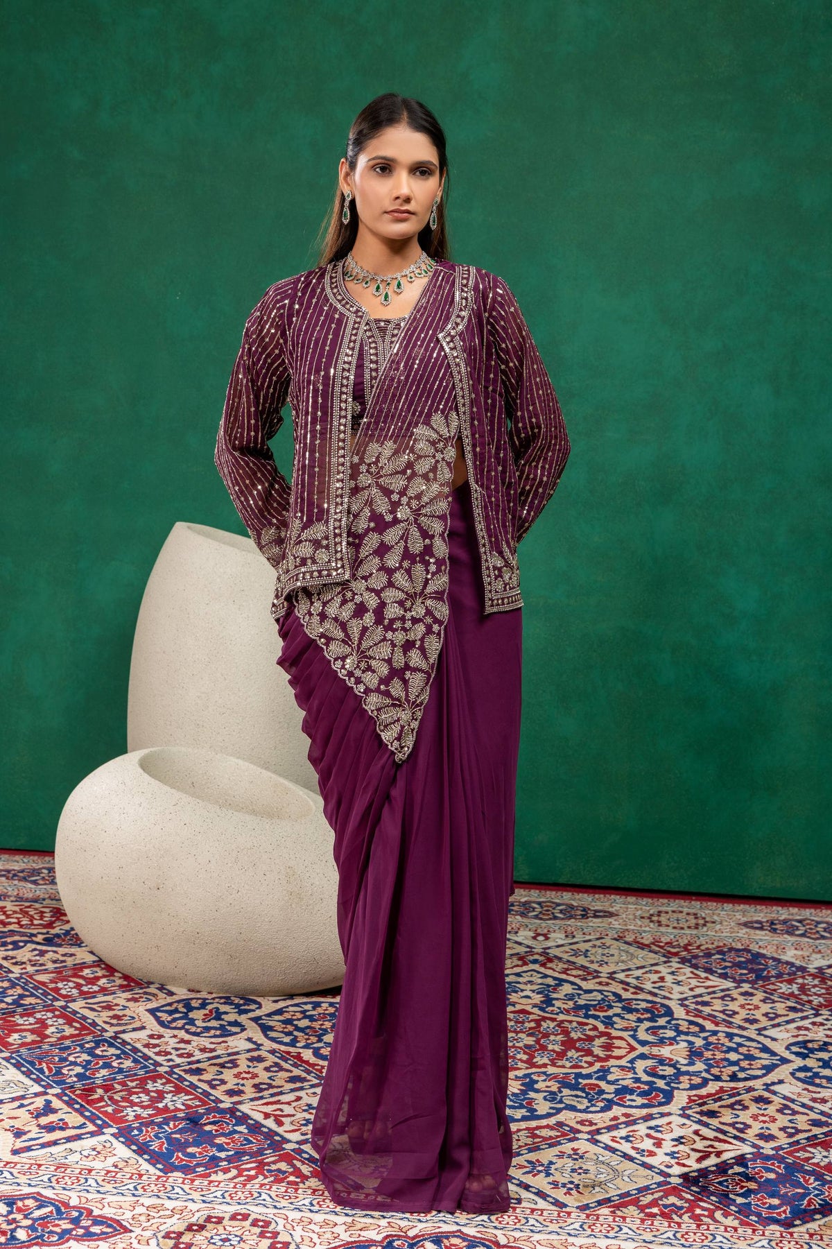 Wine Embroidered Pre-Draped Saree with Zari Work Jacket