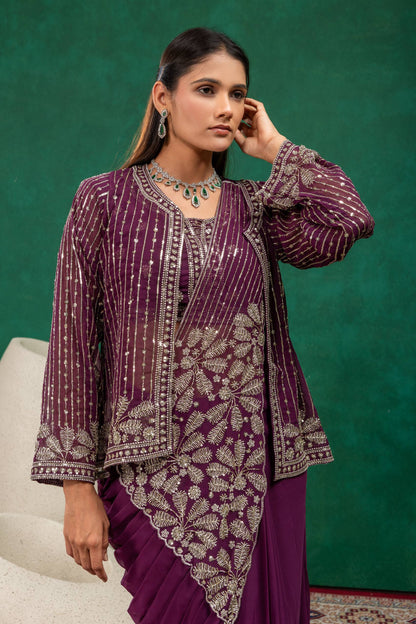 Wine Embroidered Pre-Draped Saree with Zari Work Jacket