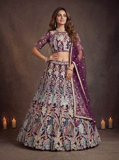 Wine Enchanted Garden Floral Embroidered Lehenga Choli
