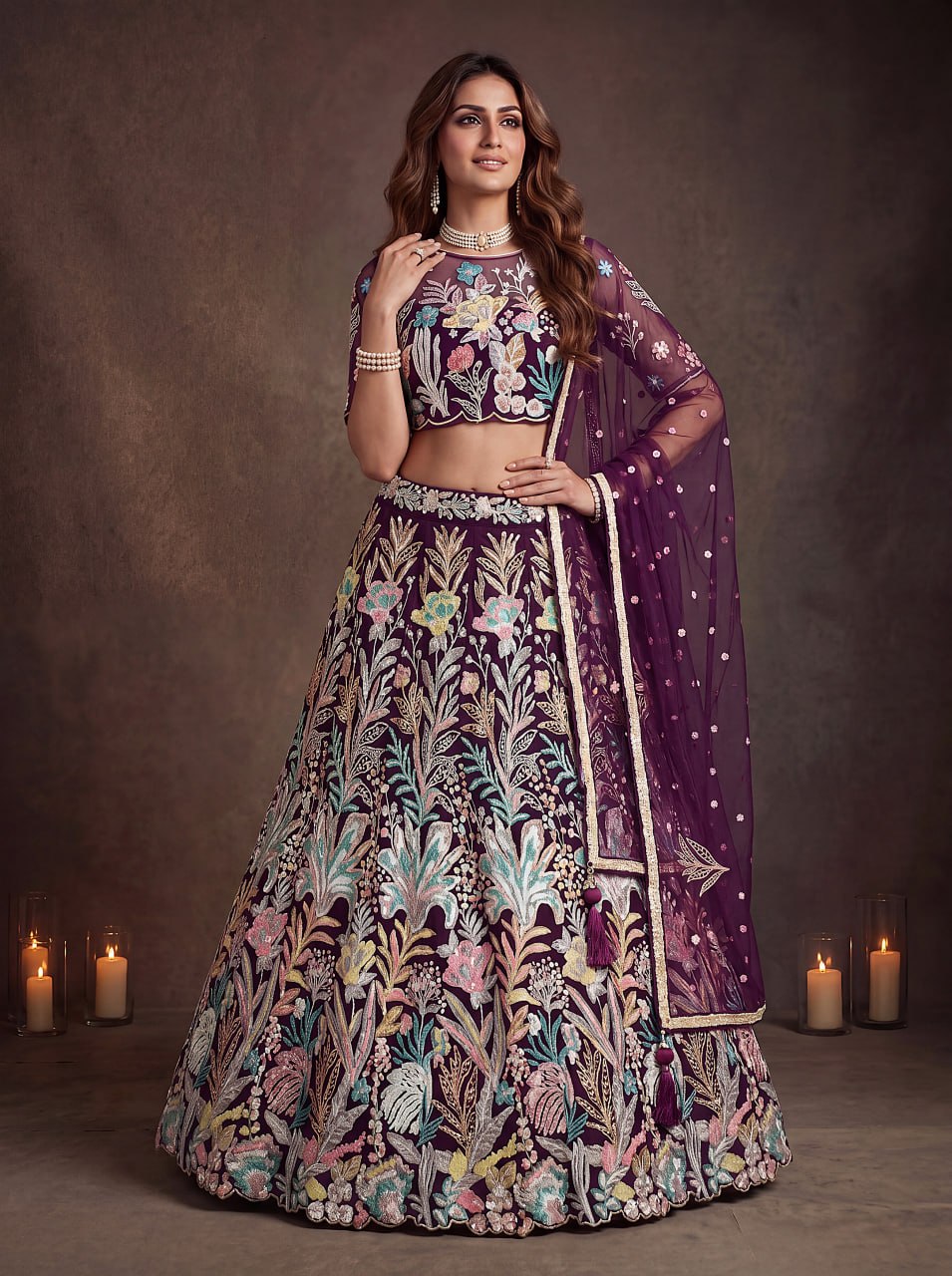 Wine Enchanted Garden Floral Embroidered Lehenga Choli