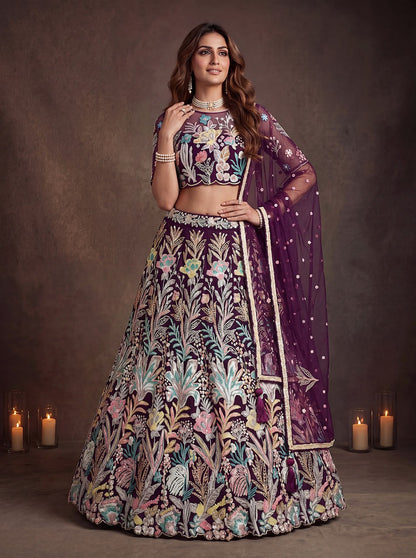 Wine Enchanted Garden Floral Embroidered Lehenga Choli