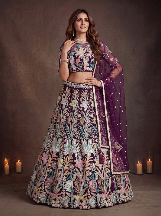 Wine Enchanted Garden Floral Embroidered Lehenga Choli