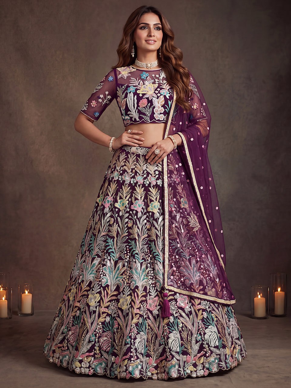 Wine Enchanted Garden Floral Embroidered Lehenga Choli