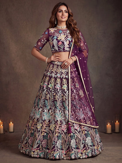 Wine Enchanted Garden Floral Embroidered Lehenga Choli