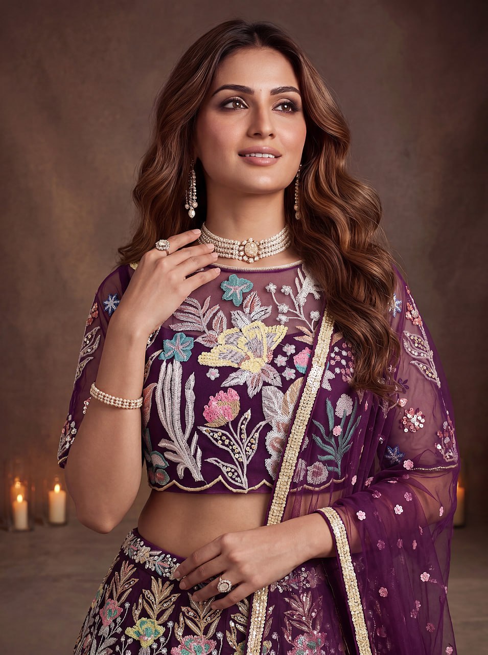 Wine Enchanted Garden Floral Embroidered Lehenga Choli