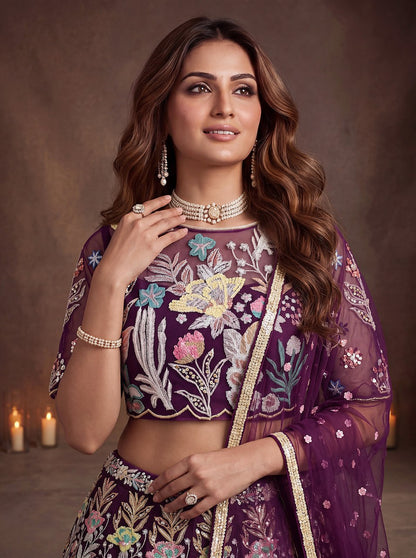Wine Enchanted Garden Floral Embroidered Lehenga Choli