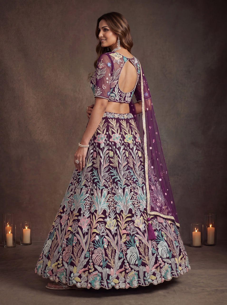 Wine Enchanted Garden Floral Embroidered Lehenga Choli