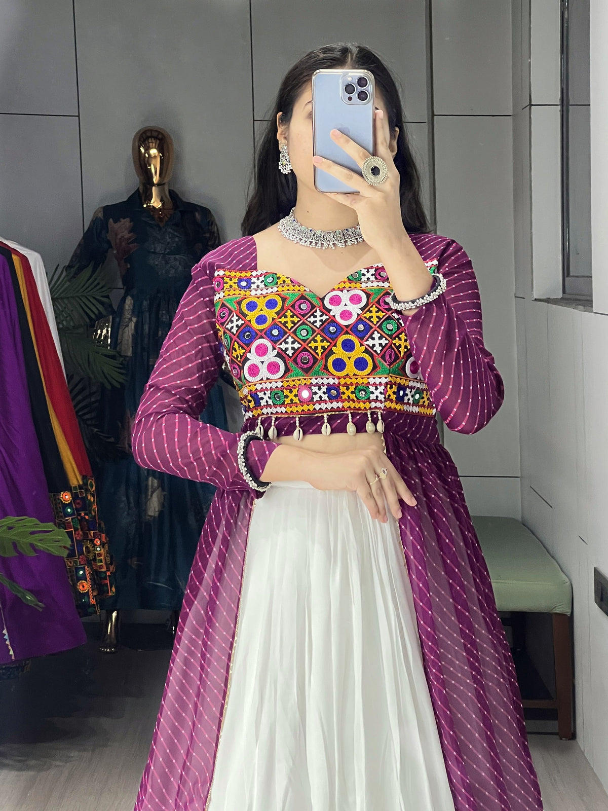 Gujarati Navratri Wine Leheriya Shrug with White Rayon Cotton Frill Lehenga