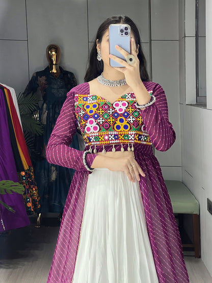 Gujarati Navratri Wine Leheriya Shrug with White Rayon Cotton Frill Lehenga