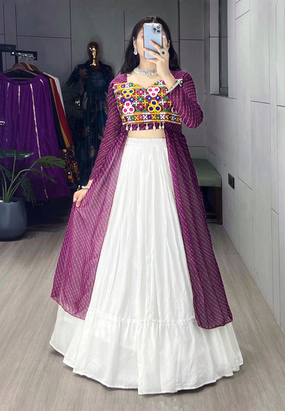 Gujarati Navratri Wine Leheriya Shrug with White Rayon Cotton Frill Lehenga