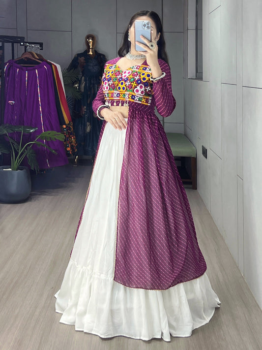 Gujarati Navratri Wine Leheriya Shrug with White Rayon Cotton Frill Lehenga