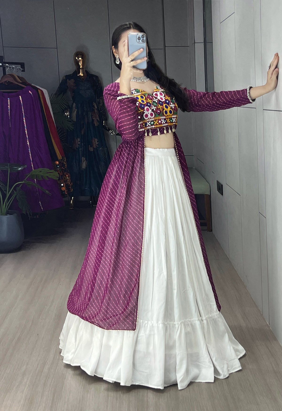 Gujarati Navratri Wine Leheriya Shrug with White Rayon Cotton Frill Lehenga