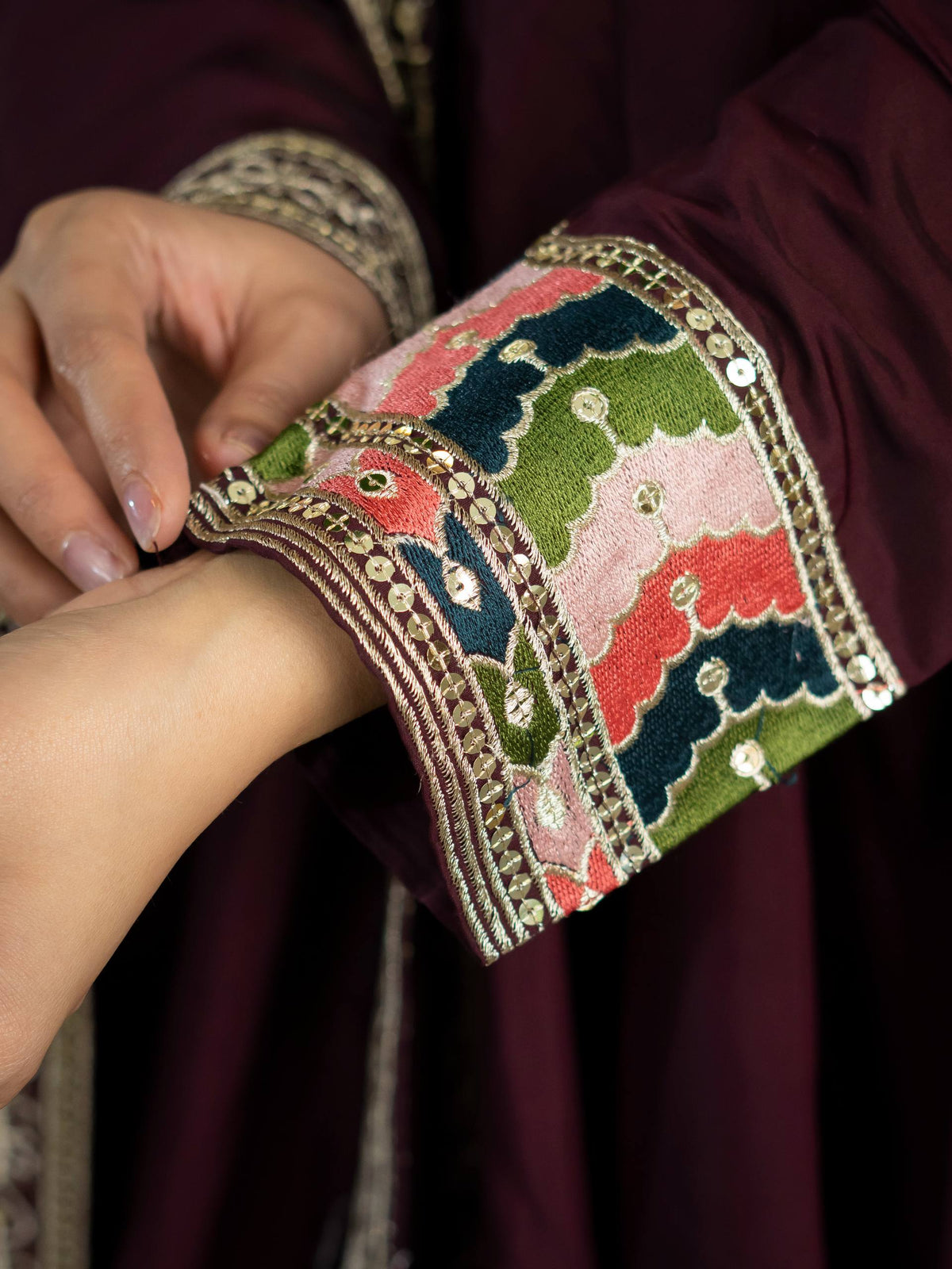 Wine Maroon Anarkali Gown with Multicolor Embroidered Border & Dupatta