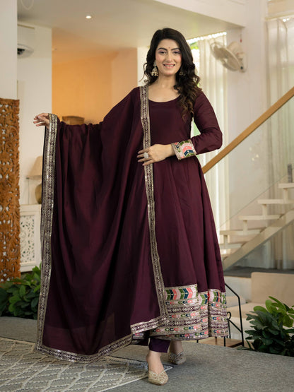 Wine Maroon Anarkali Gown with Multicolor Embroidered Border & Dupatta