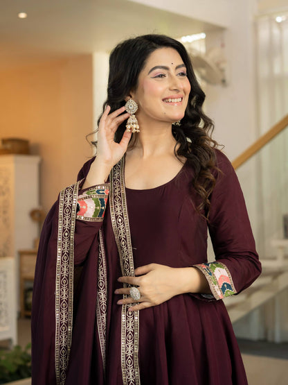 Wine Maroon Anarkali Gown with Multicolor Embroidered Border & Dupatta