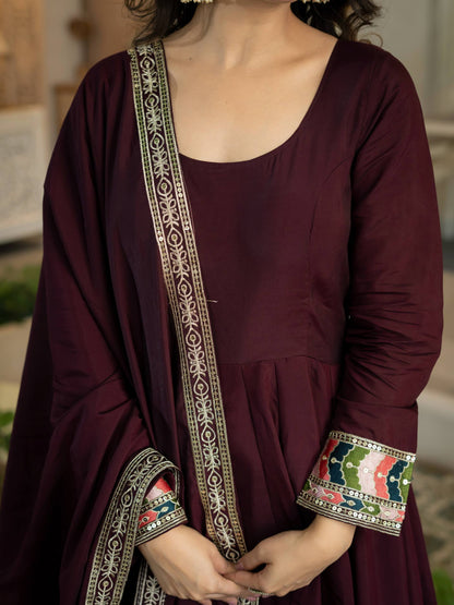 Wine Maroon Anarkali Gown with Multicolor Embroidered Border & Dupatta
