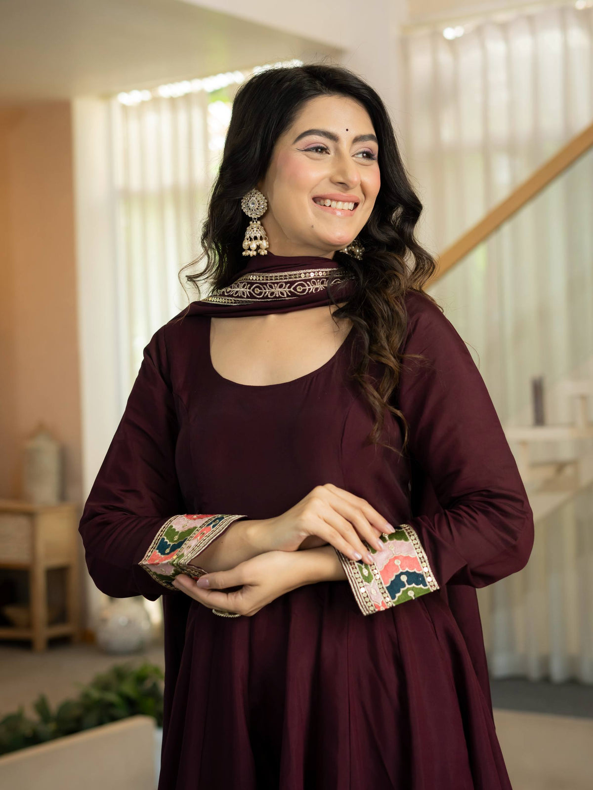 Wine Maroon Anarkali Gown with Multicolor Embroidered Border & Dupatta