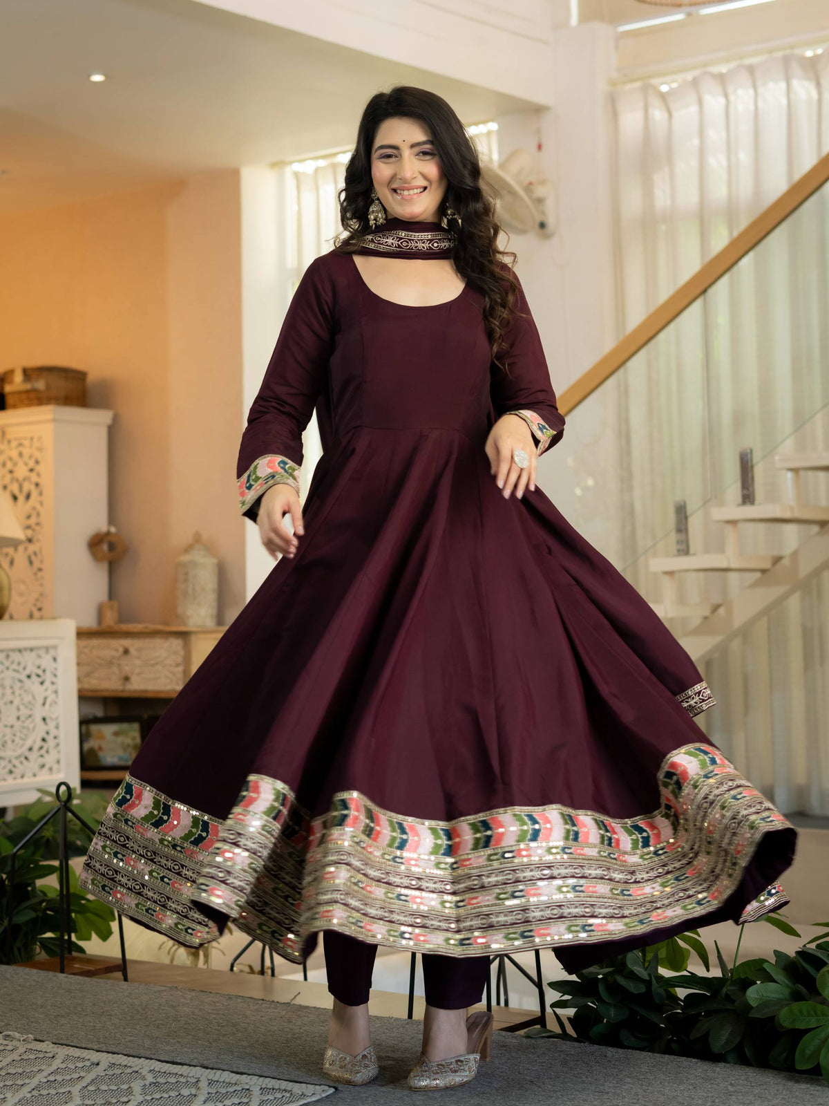 Wine Maroon Anarkali Gown with Multicolor Embroidered Border & Dupatta