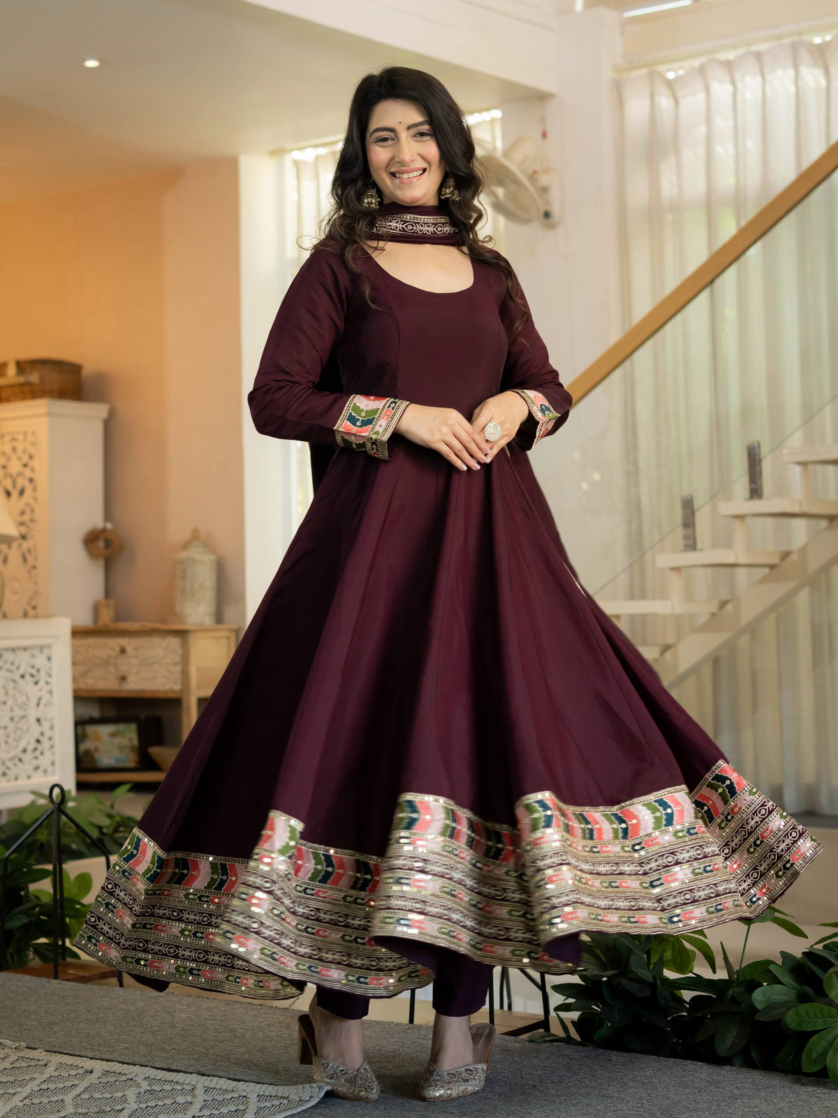 Wine Maroon Anarkali Gown with Multicolor Embroidered Border & Dupatta