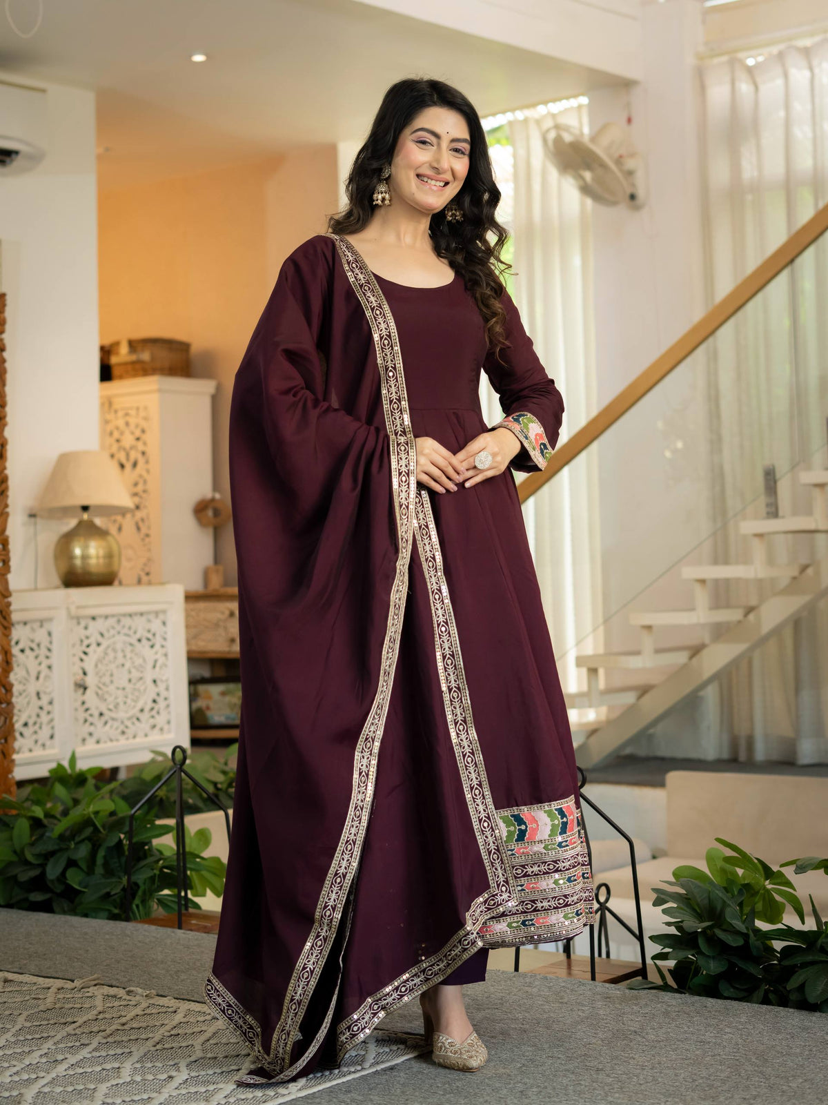 Wine Maroon Anarkali Gown with Multicolor Embroidered Border & Dupatta