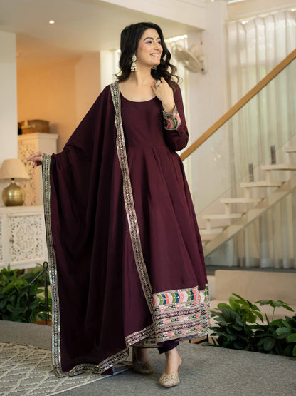 Wine Maroon Anarkali Gown with Multicolor Embroidered Border & Dupatta