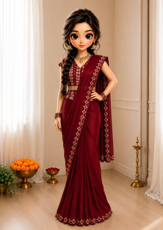Maroon Ready-to-Wear Saree with Multi-Thread Embroidery & Golden Foil Work