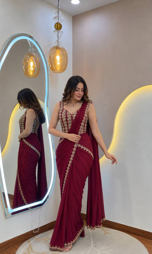 Maroon Ready-to-Wear Saree with Multi-Thread Embroidery & Golden Foil Work