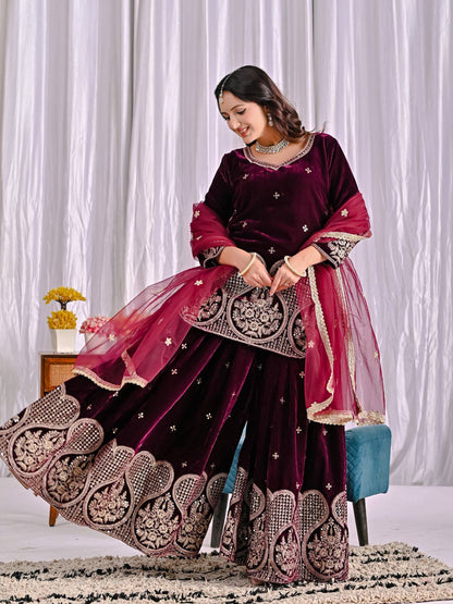 Wine Maroon Velvet Sharara Suit with Heavy Embroidery & Magenta Dupatta
