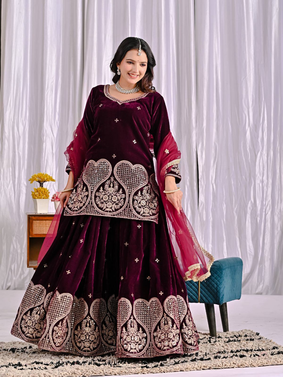 Wine Maroon Velvet Sharara Suit with Heavy Embroidery & Magenta Dupatta