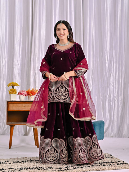 Wine Maroon Velvet Sharara Suit with Heavy Embroidery & Magenta Dupatta