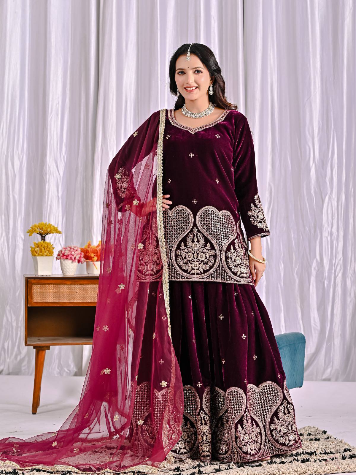Wine Maroon Velvet Sharara Suit with Heavy Embroidery & Magenta Dupatta