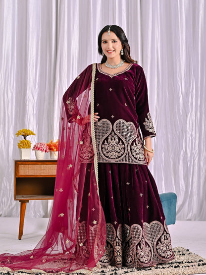 Wine Maroon Velvet Sharara Suit with Heavy Embroidery & Magenta Dupatta