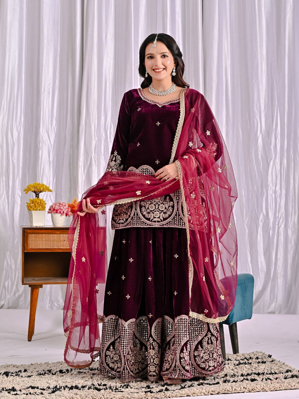 Wine Maroon Velvet Sharara Suit with Heavy Embroidery & Magenta Dupatta