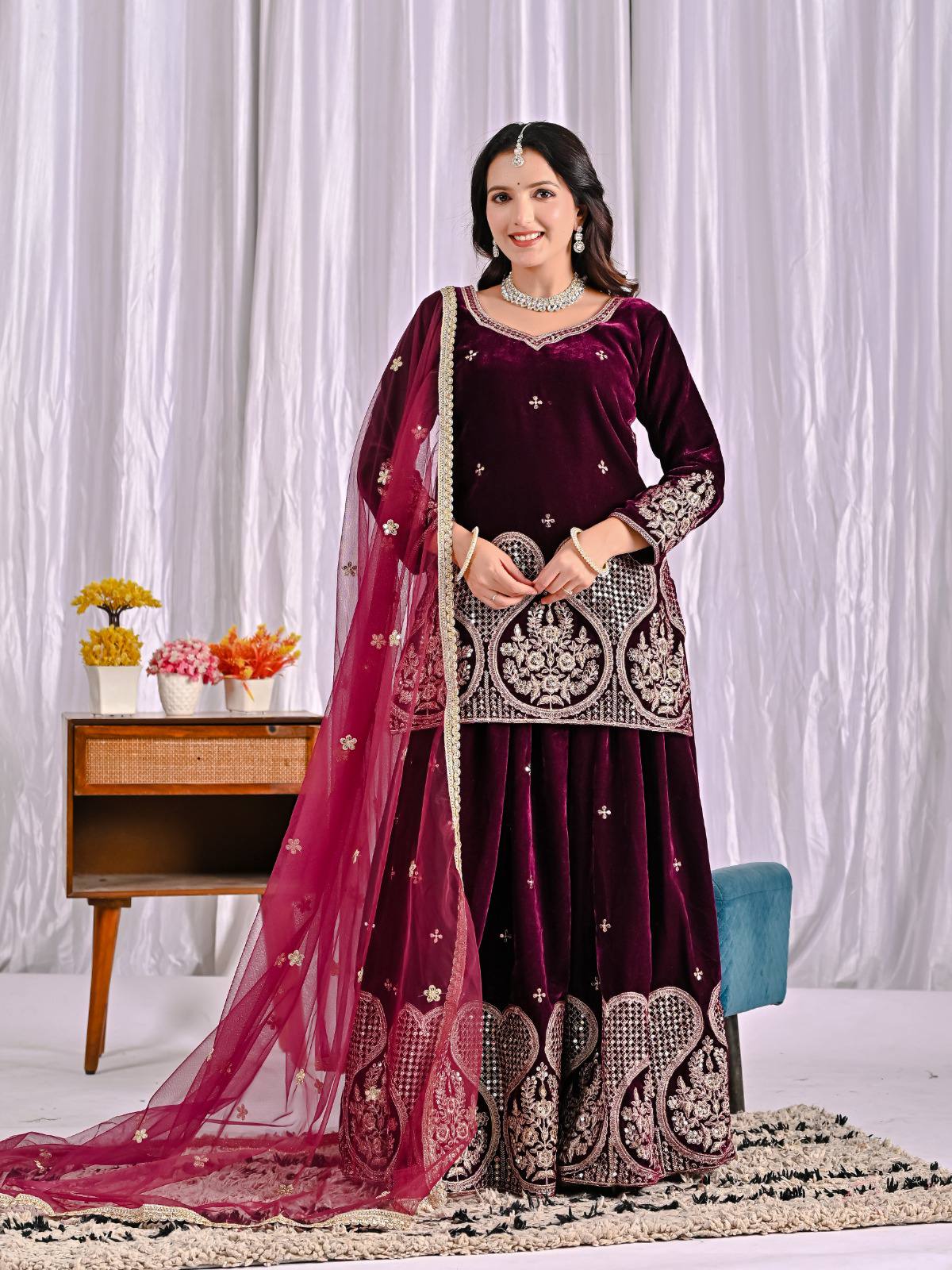 Wine Maroon Velvet Sharara Suit with Heavy Embroidery & Magenta Dupatta