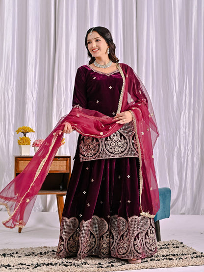 Wine Maroon Velvet Sharara Suit with Heavy Embroidery & Magenta Dupatta