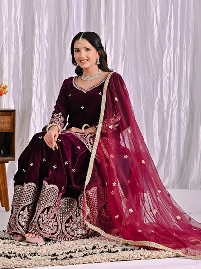Wine Maroon Velvet Sharara Suit with Heavy Embroidery & Magenta Dupatta