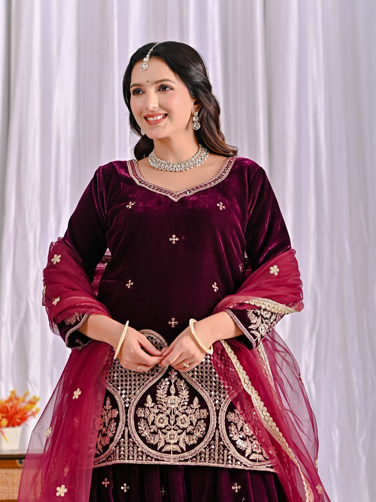 Wine Maroon Velvet Sharara Suit with Heavy Embroidery & Magenta Dupatta