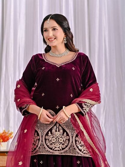 Wine Maroon Velvet Sharara Suit with Heavy Embroidery & Magenta Dupatta