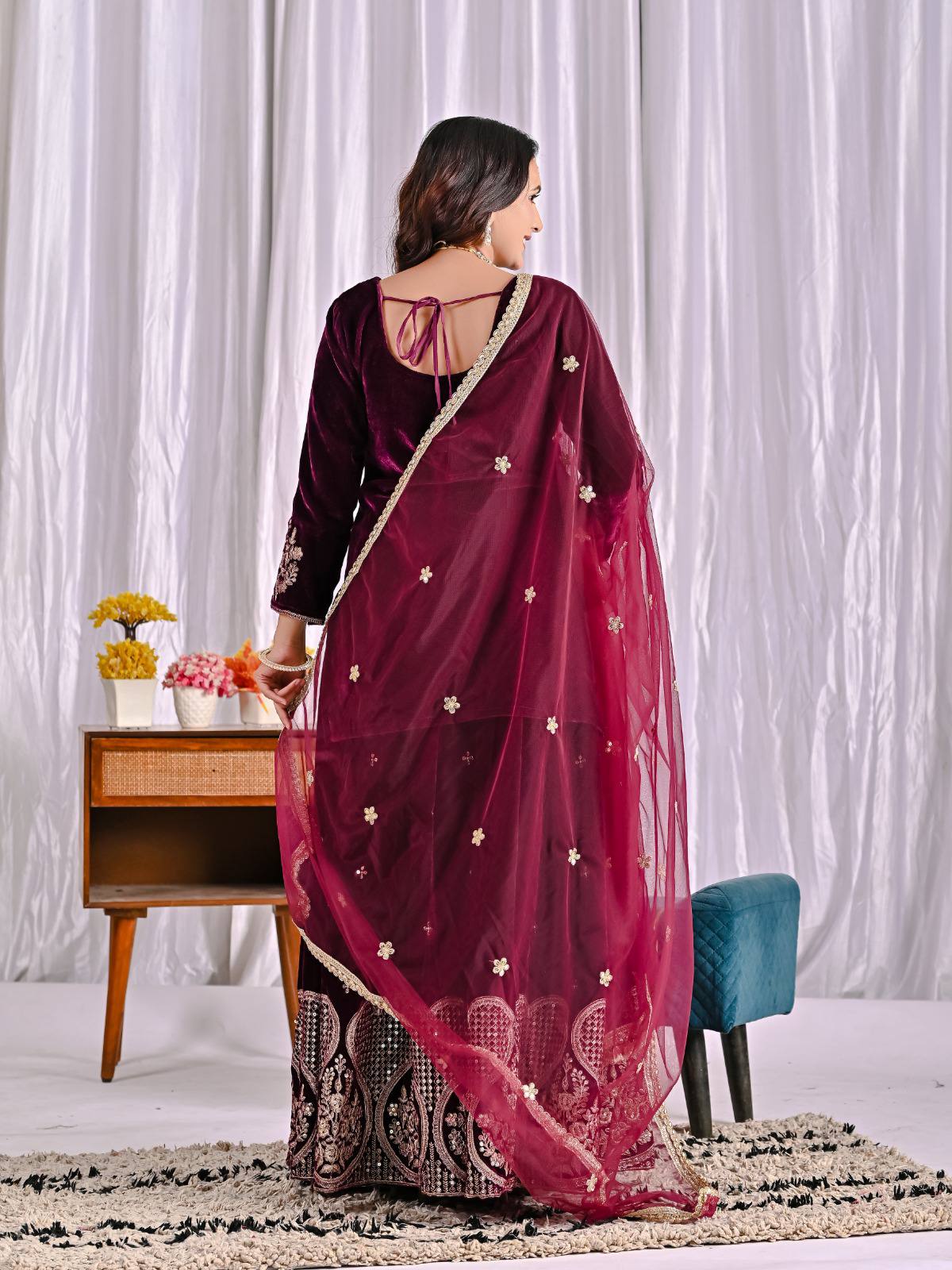 Wine Maroon Velvet Sharara Suit with Heavy Embroidery & Magenta Dupatta