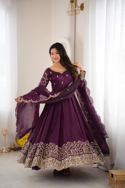 Wine Purple Embroidered Anarkali Gown with Heavy Sequence Work & Designer Dupatta